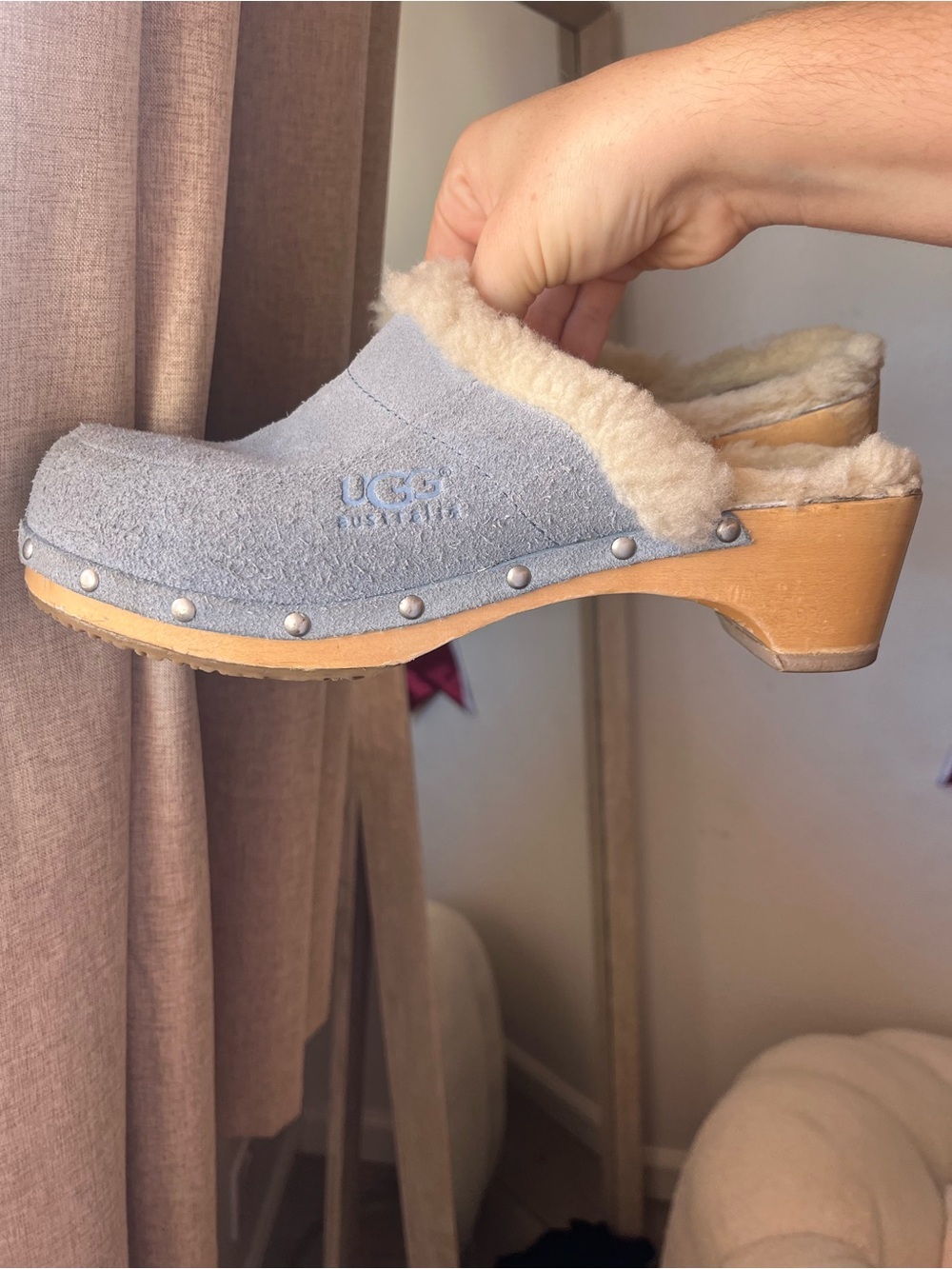UGG Women's Light Blue Suede Shearling Clog with Studded Trim